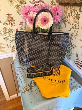 Goyard Black and Brown Chevron-Patterned St. Louis Tote with Pouch - Brand New